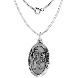 Sterling Silver St Christopher Medal Necklace Oxidized finish for Golf Players Oval 22 inch 1.8mm Chain