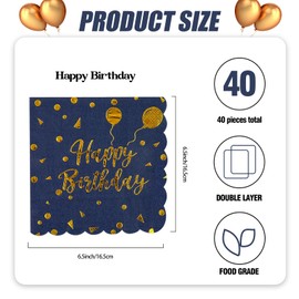 40 PCS Happy Birthday Blue and Gold Napkins,6.5x6.5 Inch Scalloped Edges Dessert Napkins for Anniversary Graduation Wedding Birthday Party Decoration