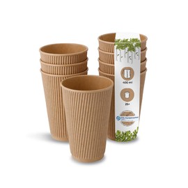 BIOZOYG 25 x Insulated Paper Cups 400 ml / 16 oz, Diameter 90 mm Brown - Fluted, Plastic-Free, Sustainable Materials - Disposable Cups, Mulled Wine Cups