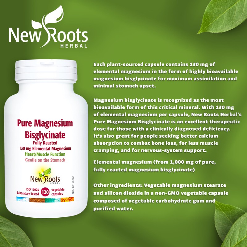 New Roots Herbal - Pure Magnesium Bisglycinate 130mg, 120 Capsules