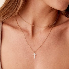 PAVOI Rhodium Plated Layered Cross Pendant Necklace | Layering Necklaces for Women | Dainty Minimalist Design Pendant (Cross, White Plated)