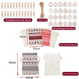 Norhogo Pack of 24 Christmas Decoration Bags / Bags, Advent Calendar for Filling, 24 Felt Bags, Small Clips and Numbers Wooden Pendants, Advent Calendar Numbers Stickers, Christmas Calendar Gift Bags