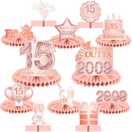 Happy 15th Birthday Rose Gold Table Honeycomb Centerpieces Balloons Theme Decor Table Decorations Table Toppers for Girls Women Sweet Princess 15 Years Old Pink Birthday Party Bday Supplies Ornament