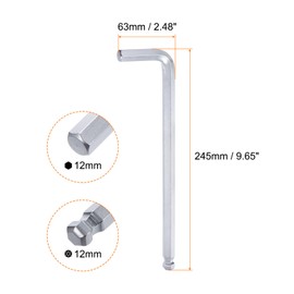 sourcing map Ball End Hex Key Wrench 12mm L-Shape Extra Long Arm Hexagon Metric Wrenches Chrome Vanadium Steel Repairing Tool for Home Repair, Silver Tone