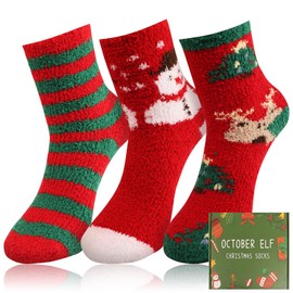 October Elf 3 Pairs Adult Christmas Holiday Socks Warm Winter Cozy Socks Fuzzy Socks With Plus Size And Anti-Slip Bottom With Gift Box(One size H-3Pairs)