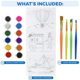 Acrylic Paint kit for Kids – 19 Piece Kids Acrylic Paint Set 12 nontoxic Acrylic Paint pots, 3 pre-Designed canvases, 4 paintbrushes Ultimate Kids Art Paint kit Craft Supplies Set by KEFF Creations