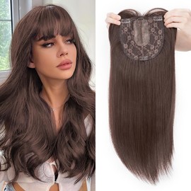 SEGOHAIR Synthetic Hair Topper for Women, 6"x6" Lace Base, Covers Gray Hair, Thinning, High Hairlines, Soft, Natural, Easy to Apply with 4 Clips, Long Straight hair, Center Parted Bangs 18" Dark Brown