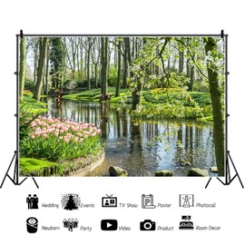 Forest Backdrop Spring Nature Woodland Green Photography Background River Backdrop Pink Flowers Decoration for Birthday Party Decoration Baby Shower Photo Shoot Background 7x5ft
