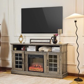 Redlife Fireplace TV Stand Console for 65 Inch TVs 18" Electric Fireplace Power Outlets - Rustic Grey-TV Stand Only