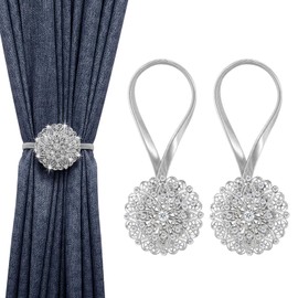 Lewondr Curtain Tassels, Set of 2, Curtain Tiebacks, Window Treatments, Magnetic Type, Aluminum Alloy, Decorative Tiebacks, Interior Decoration, Shining Flower Motif, 8 Double Flowers, Silver