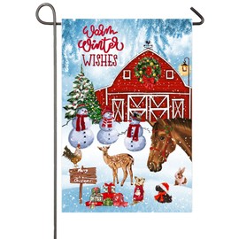 Christmas Garden Flag Winter Farm Yard Flag 12x18 Double Sided Red Barn Snowman Deer Horse Farmhouse Winter Garden Flag Outside Decor Seasonal Yard Decoration