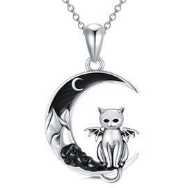 Shusukue Bat/Spider/Wolf/Cat/Fox/Owl/Sun Crescent Moon Chain 925 Sterling Silver, Bat Moon Cat Necklace Black Women's Gothic Pendant Jewellery Gifts for Women Girls, Sterling Silver, Cubic Zirconia