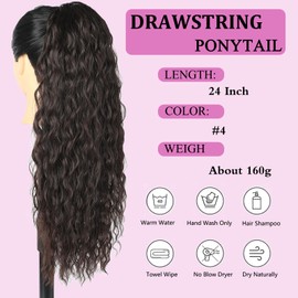 Samtress 24 Inch Drawstring Ponytail Hair Extensions Dark Brown Long Curly Wavy Ponytail Natural Wavy Synthetic Hairpiece for Women (#4)