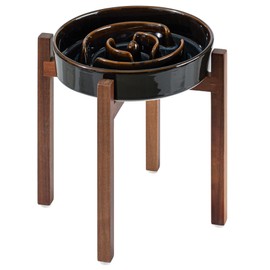 Havniva Ceramic 3.2 Cup Raised Slow Feeder Dog Bowl Set, Elevated 8.2inch Bowl and 9.5inch Dish with Acacia Wood Stand for Large Dog, Stop Bloat(2 x Starry Sky+ Stand)