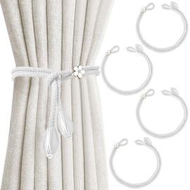 Curtain Tiebacks, 4 Pack Curtain Rope Buckle Elegant Boho Style Curtain Tiebacks Hand-Knitted Curtain Tie Backs for Home, Office, Living Room, Bedroom (White)