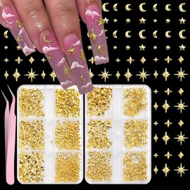 FSpronail 2Boxes Gold Stars Nail Charms,Cross-star Moon Pentagram Metal Golden Alloy Nails Decoration,Mini Star Crescent Multi Shapes,Mixed Star Jewelry 3D Nail Art Studs for Women Girls Nail Tweezers