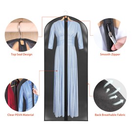 Univivi 65 Inch Clear Garment Bag Long with Full Zipper for Hanging Clothes,4 Pack Dress Bags for Gowns,Black Non-Woven & Transparent PEVA Front,Dust-Proof Clothes Protector for Closets