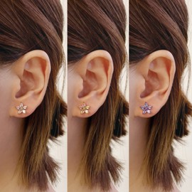 YMIMIWIWI Daisy Earrings, Cute Aesthetic Flower Stud Earrings Cubic Zirconia Floral Earrings Studs for Sensitive Ears (3 pairs 10 mm CZ white/Purple/Pink)