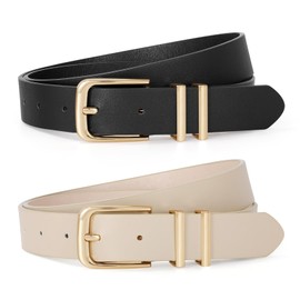 JASGOOD 2 Pack Women Belts for Jeans Pants Dresses Ladies Leather Waist Belts with Gold Buckle