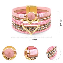 VIBILIA Boho Leather Wrap Bracelets for Women Heart Multi-Layer Bracelets with Strong Clasp Jewelry for Women-Pink
