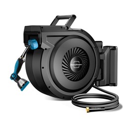 Retractable Garden Hose Reel - 5/8 inch x 90 ft Wall Mounted Hose Reel 10 Patterns Nozzle, Auto-Rewind System, Any Length Lock, 180°Swivel Bracket, Black