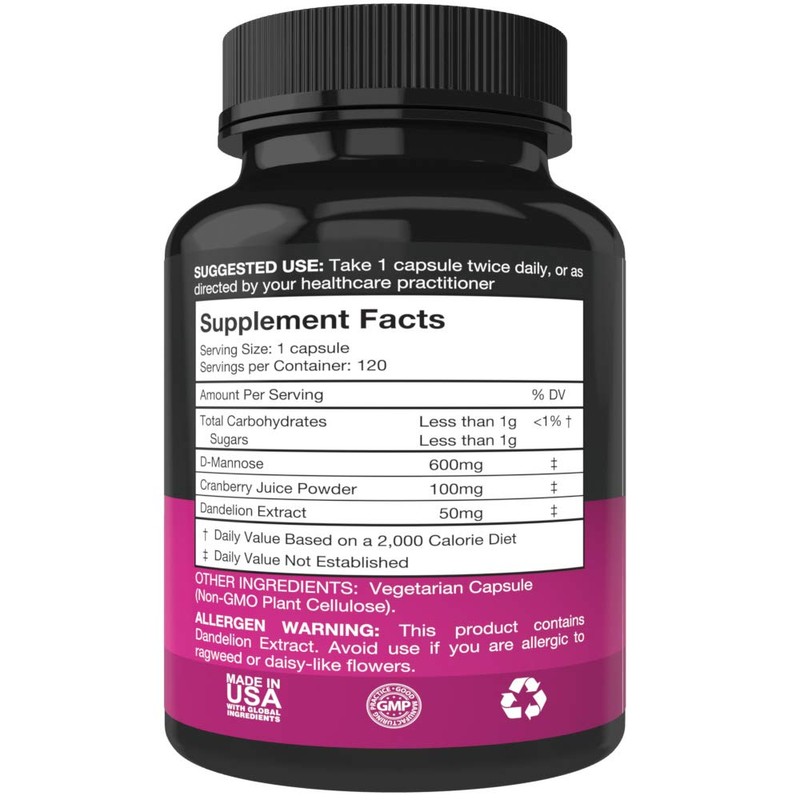D Mannose Capsules with 600mg D-Mannose Powder Per Cap -