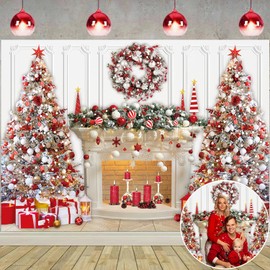 Christmas Fireplace Backdrop Red White Christmas Tree Garland Photography Background Winter Christmas Interior Family Kids Holiday Party Banner Decorations (7x5ft(82''x60''))