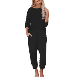 Ekouaer Womens Pajama Sets Long Sleeve Sleepwear Round Neck Nightwear Soft Pjs Lounge Sets with Pockets Black