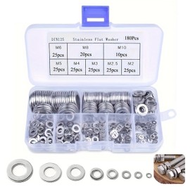 Unterlegscheiben Set, 180 Stück Beilagscheiben Sortiment, 8 Größen Flache Unterlegscheiben Edelstahl mit Sortimentskasten, Beilagscheiben Set für Schrauben Muttern(M2 M2.5 M3 M4 M5 M6 M8 M10)