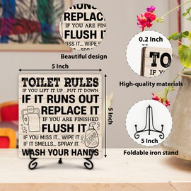 Funny Bathroom Home Desk Decor, Toilet Rules Wooden Sign with Stand, Funny Cute Gifts for Women Men Friends, Rustic Bathroom Decorations for Kitchen Shelf Table Decor, 5" x 5"-A26