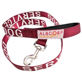 ALBCORP Padded Service Dog Leash - with Neoprene Handle - and Reflective Silk-Screen Print for use on Harnesses, Vests, Collars. 4 Foot, Maroon/Red-Wine Color.