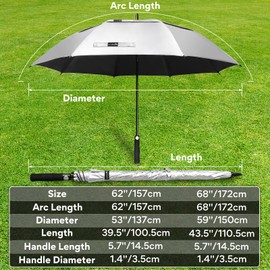 ZOMAKE 62" Large Golf Umbrella UV Protection - Double Canopy Vented Golf Umbrellas Oversize for Rain Windproof Automatic Sun Blocking Umbrella Golf Push Cart Umbrella XXL for Men Women(Silver & Black)