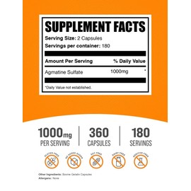 BulkSupplements.com Agmatine Sulfate Capsules - Agmatine Sulfate, Nitric Oxide Supplement - Gluten Free, 2 Capsules per Serving, 360 Count (Pack of 1)