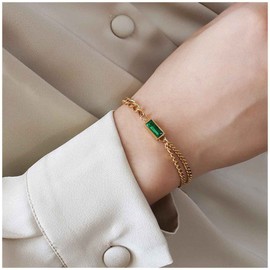 Erimberate Bohemian Emerald Sqaure Bracelet Layered Cuban Link Chain Bracelets Gold Chunky Flat Chain Bracelet Green Rhinestone Hand Chain Bracelet Jewelry for Women and Girls