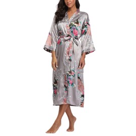 ABC-STAR Women's Kimono Robe Peacock & Blossom Robe Wedding Satin Bathrobe Nightgown