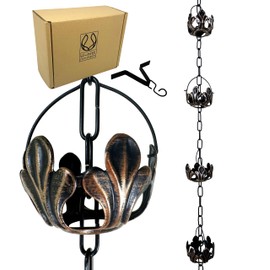 U-nitt Rain Chains, Roof Gutter Downspout Channel, Rainwater Catcher/Diverter, 8.5 FT, Metal, Powder Coated, Antique Rustic Flow, 8201AN