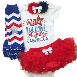 Newborn Infant Baby Girl Little Miss 4th of July My First Fourth Of July Print Romper Bodysuit Optional Headband Tutu Bloomers Leg Warmer (My First Fourth of July)