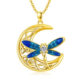 Twoowl Celtic Moon Necklace 925 Sterling Silver Dragonfly Pendant Necklace Irish Celtic Jewelry Gifts for Women Girls, Sterling Silver, Cubic Zirconia