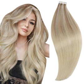 RUNATURE 20 Inch Balayage Tape in Hair Extensions Human Hair Ombre Ash Blolnde Highlight Light Blonde Fading to Platinum Blonde Tape in Human Hair Extension for Long Hair Double Sided 50g/20pcs