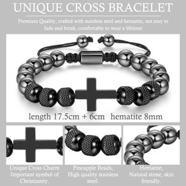 ilasif Stainless Steel Bead Woven Bracelet for Men, Cross Bracelet with 8mm Hematite for Boys Son Husband Christian Gifts for Baptism Confirmation Birthday Christmas (Joshua 1:9)