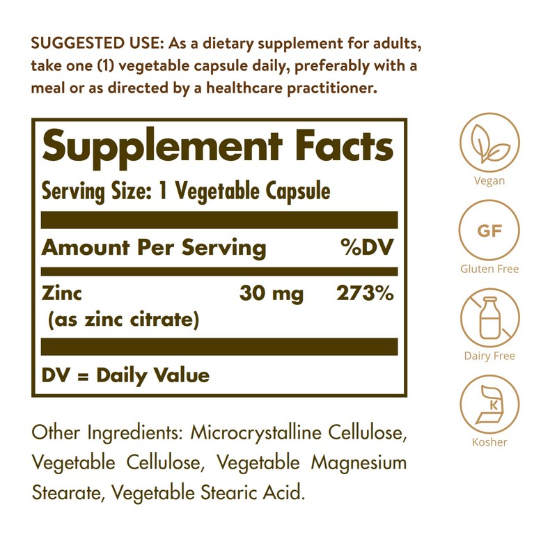 Solgar Zinc Citrate Vegetable Capsules, 100 Count, Non-GMO, Gluten Free,