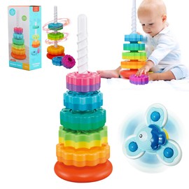 Cartlant Stacking Tower Colourful with Suction Cup Toy Baby, Plug Tower Motor Skills Creative Pyramid Tower 5 Discs Twisted Baby Plug Toy with Spiral Thread Toddler Ring Stacking Tower for Children