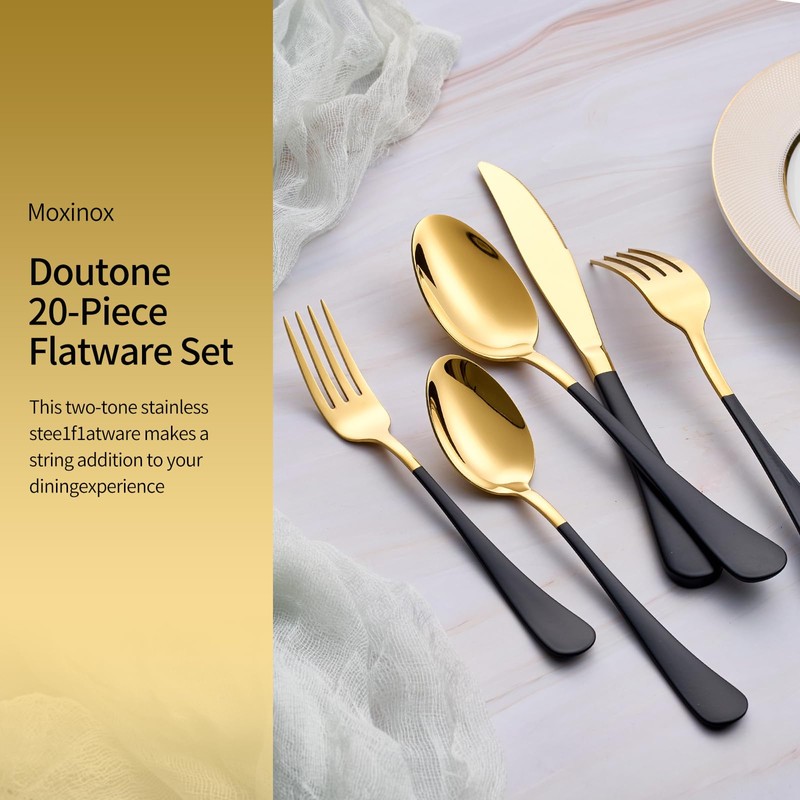 Moxinox 20-Piece Black & Gold Silverware Set, 18/0 Stainless Steel