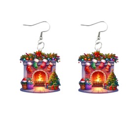 Vintage Santa Earrings Fun Cute Acrylic Santa Earrings Dwarf Earrings Snowman Earrings Christmas Tree Red Wine Glass Earrings Geometric Square Earrings Christmas Party Women's Jewelry (Fireplace)