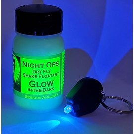 Glow-in-The-Dark Dry Fly Shake with Mini UV Flashlight Included. Creates a Glow Coating and UV Flashlight Charges it Instantly. Increases Visibility at Dusk or Dark for You and The Fish.