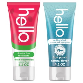 Hello Smiling Shark and Fresh Watermelon Fluoride Free Kids Toothpaste Pack, Includes 4.2 oz Smiling Shark Kids and 4.2 oz Fresh Watermelon Toothpaste