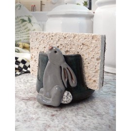American Handmade Stoneware Pottery Sponge Holder, Bunny Motif