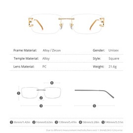HEPIDEM Vintage Style Rectangular Rimless Metal Eyeglasses for Men Frameless Zircon Diamonds Glasses Frame (50254 Gold)