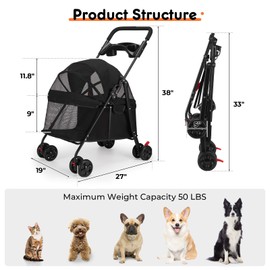 Foldable Pet Stroller for Small/Medium Pets up to 22 lbs - Lightweight 4-Wheel Design with Sun Canopy, Storage Bag & Breathable Mesh