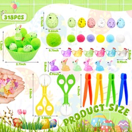 Bbiamsleep 318 Pcs Easter Sensory Bin Filler Counting Sorting Pom Poms Decorations Easter Sensory Bin Items Include Pompom Easter Eggs Bunnies Chicken Figurines for Easter Sorting Counting Training